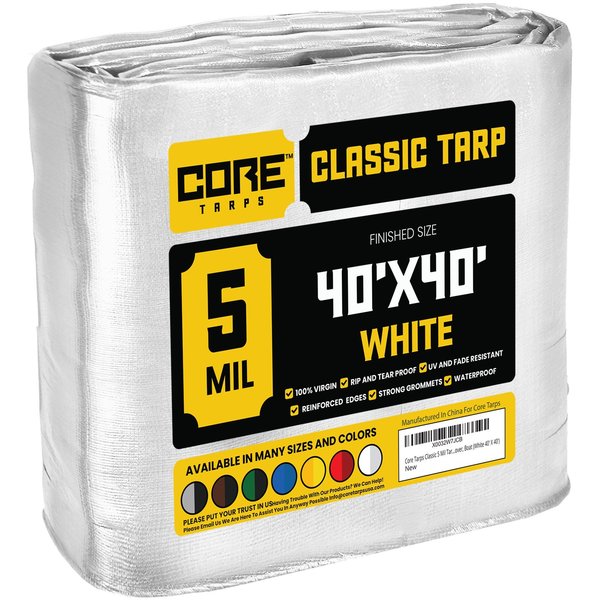 Core Tarps 40 ft L x 0.5 mm H x 40 ft W Heavy Duty 5 Mil Tarp, White, Polyethylene CT-504-40X40